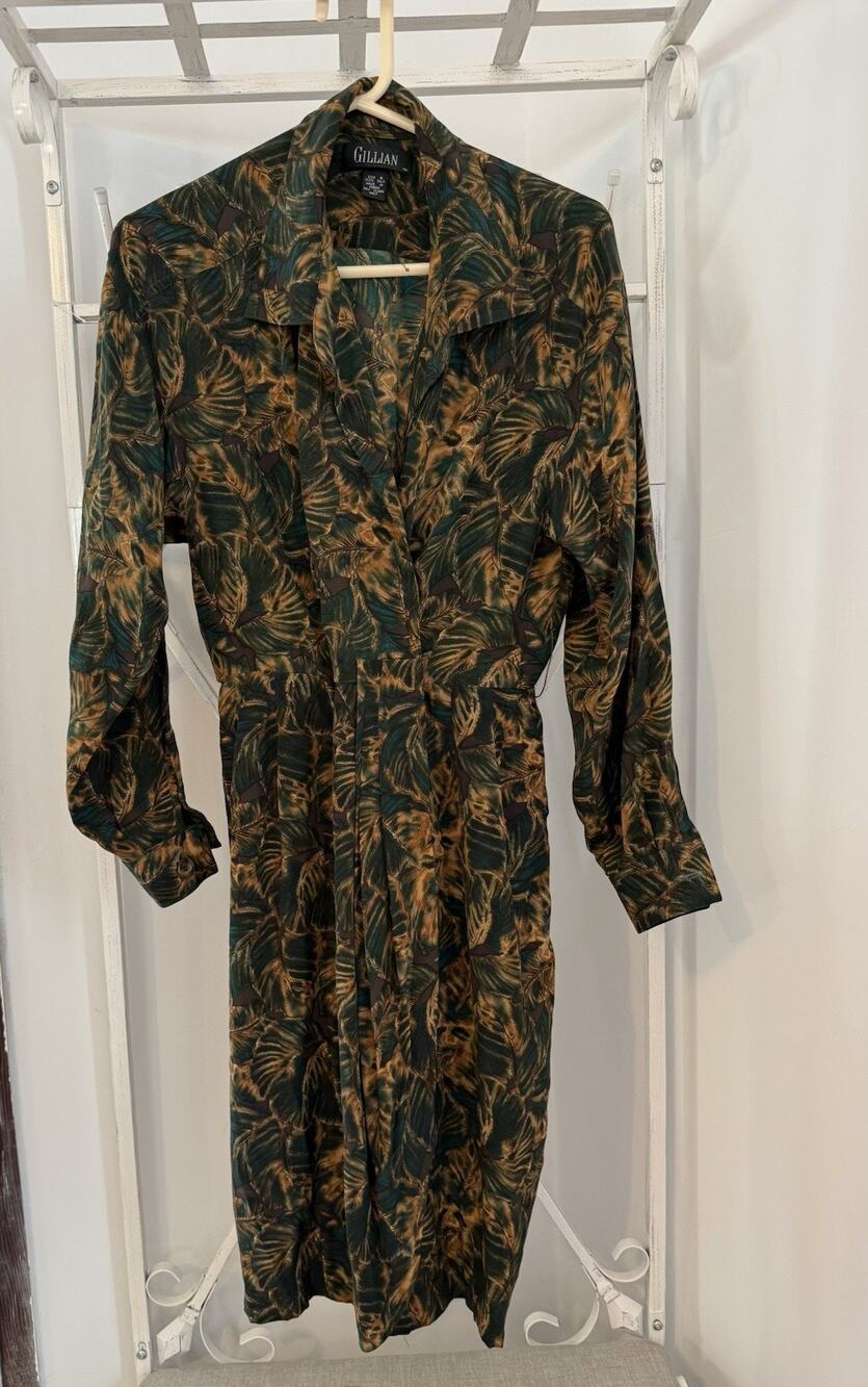 Vtg Gillian Silk Green Brown Floral Wrap Shirt Dress Long Sleeve sz 4 no belt